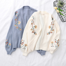 All-match casual simple flower embroidery knitted cardigan跨