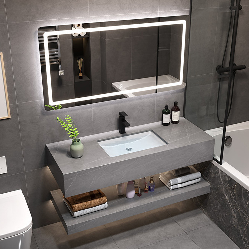 卫生间岩板一体浴室柜洗手脸盆挂墙家用智能洗漱台盆双层盆柜组合