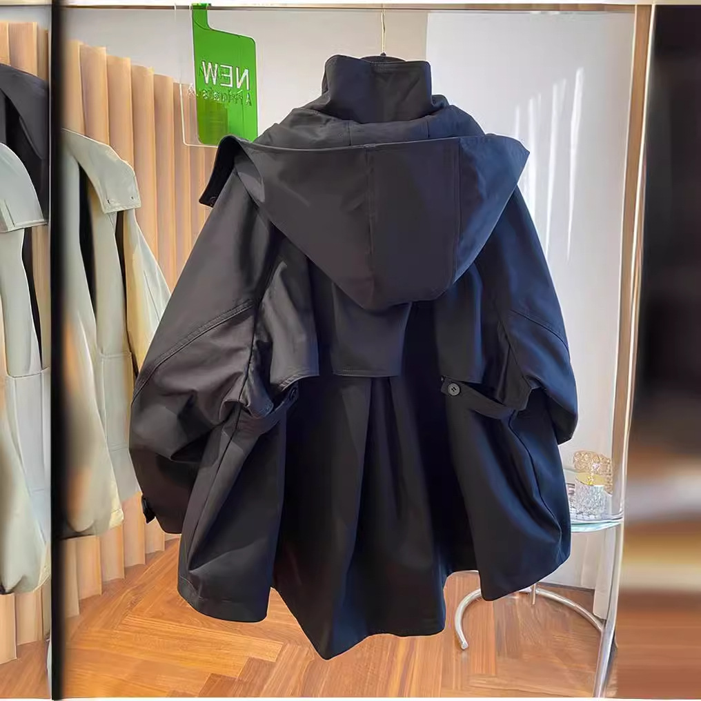 高ji复古时尚洋气斗篷式设计感小众宽松休闲连帽风衣外套女装2024