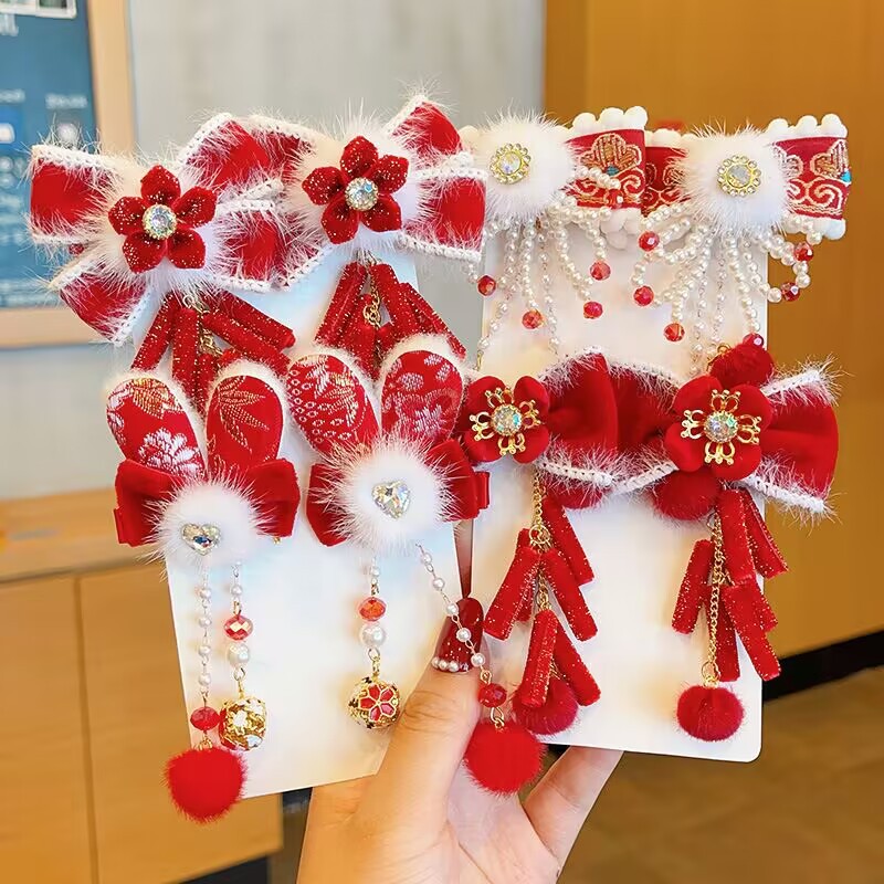 汉服发夹头饰女孩新年古风流苏发卡女童蝴蝶结毛球对夹子喜庆发饰