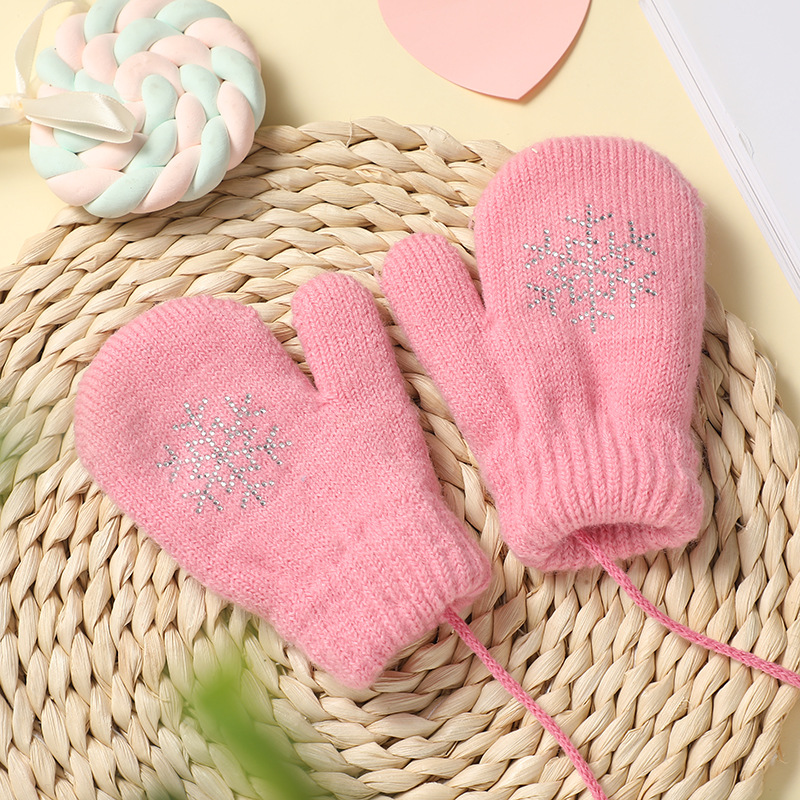 Winter Children's Cold-Proof Finger Warm Gloves Hot Drilling Snowflake Pattern Double Layer Brushed Lining Knitted Gloves