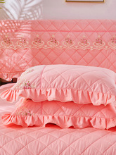 EQ4F春季纯棉夹棉加厚床裙款四件套粉色公主风100全棉花边被套床