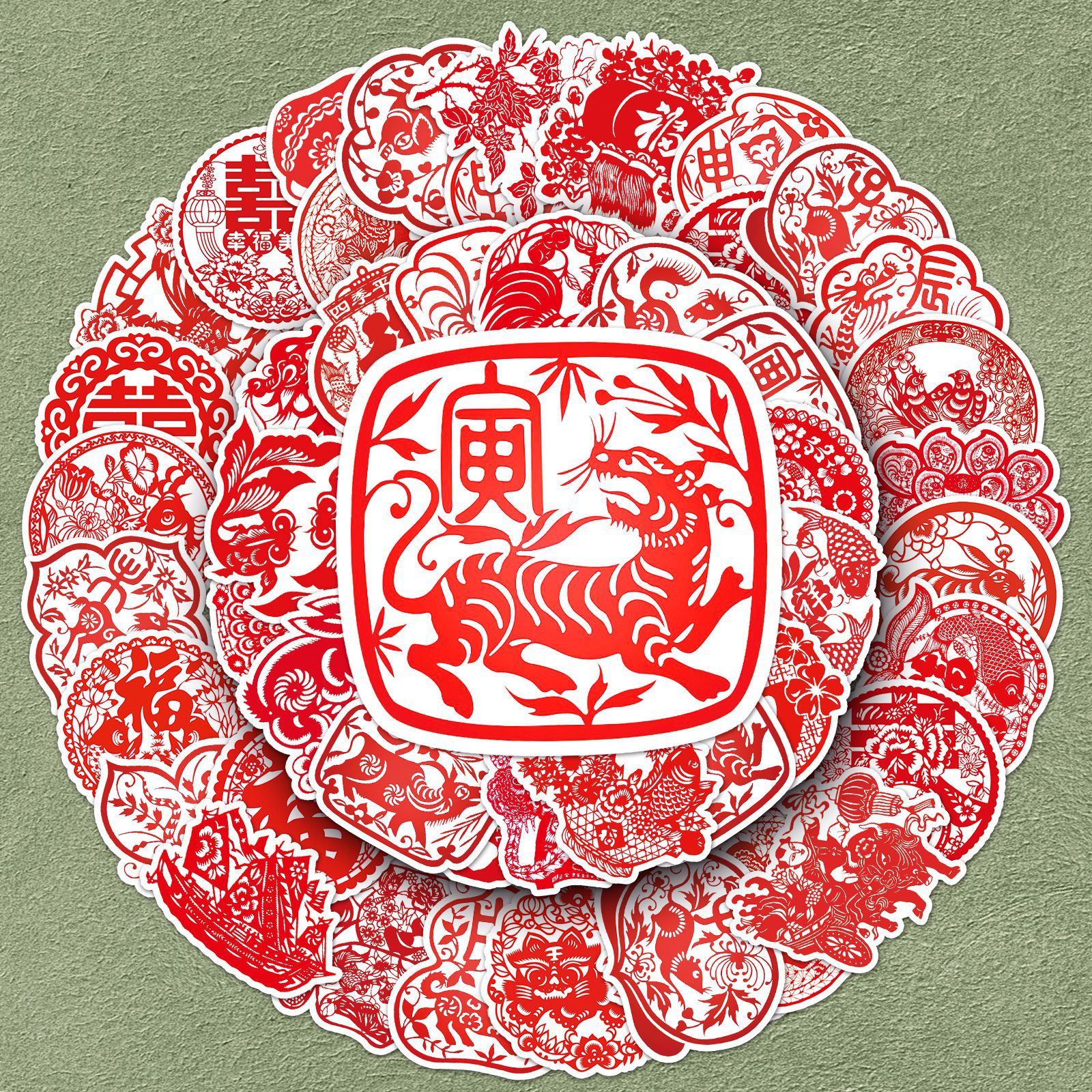 50张剪纸涂鸦贴纸中国风特色新年窗花贴画diy平板手机壳水杯防水