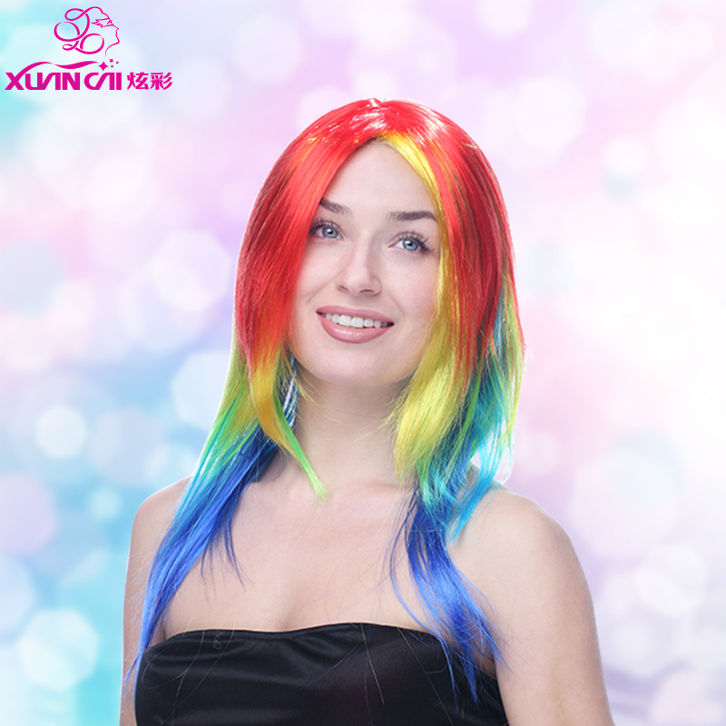 colorful long straight hair rainbow wig headgear clip color mixed color makeup ball dress up props funny headdress