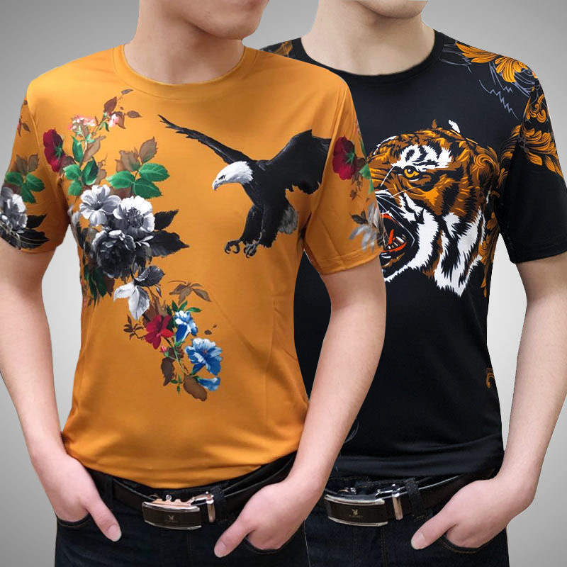 Summer Fashion Brand Men's Clothing Ice Silk Short Sleeve T-shirt Men's Personalized Boy's Shirt Chinese Style Printed T-shirt Slim Fit Top Clothes