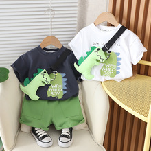 包邮Yikids小童夏季童装男宝宝可爱卡通动物短袖短裤两件套带包包