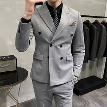 新款男士大码西服套装韩版修身时尚新郎礼服商务休闲双排扣小西装