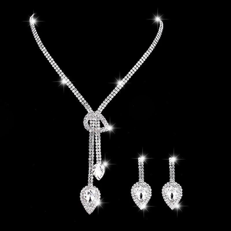 Best Seller in Europe and America Cross-Border Bridal Set Jewelry Necklace Earring Bracelet Three-Piece Set Tassel Water Drop Necklace Zn005