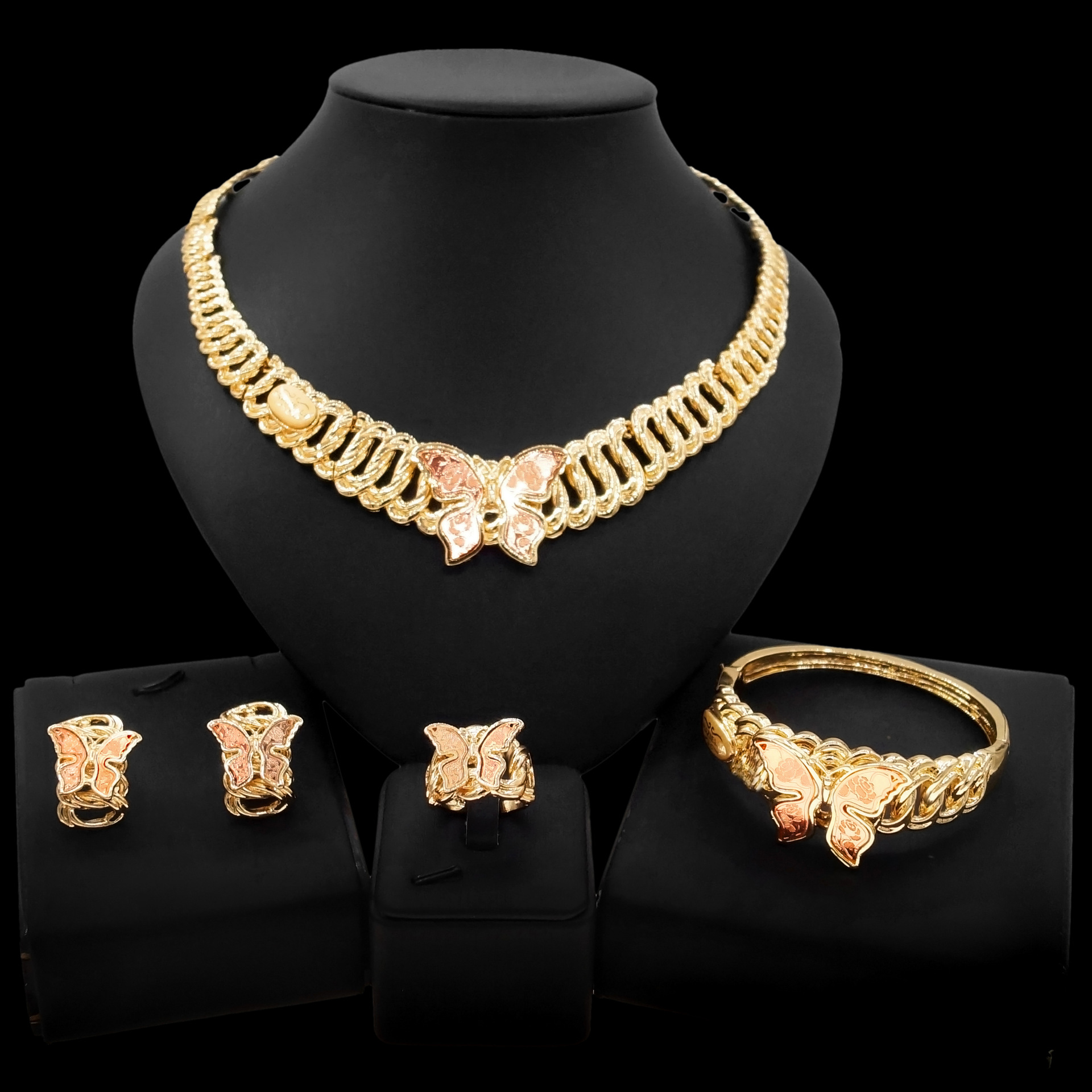 迪拜金镶钻镀金花朵项链耳环手镯戒指四件套饰品套装新娘婚礼首饰