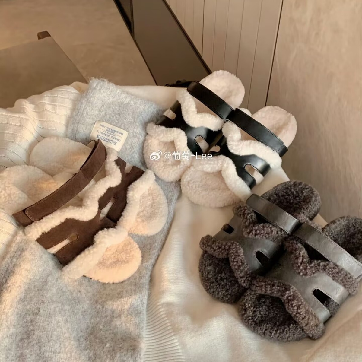 葡萄妈studiolee 暖呼呼~ 懒人H带魔术贴二舅厚底毛毛拖鞋女外穿