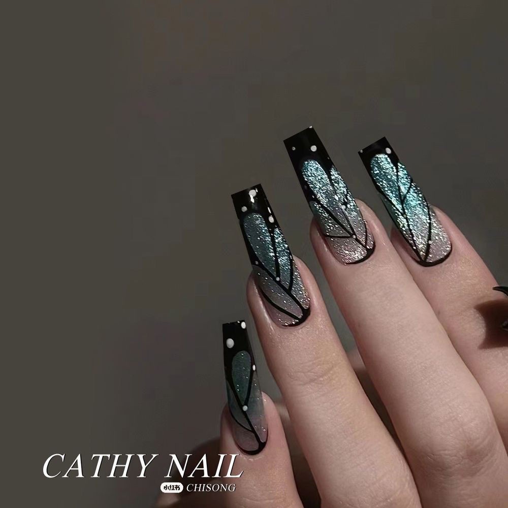 纯手工美甲 蝴蝶翅膀剪影晶石猫眼冰蓝渐变夏日甜酷