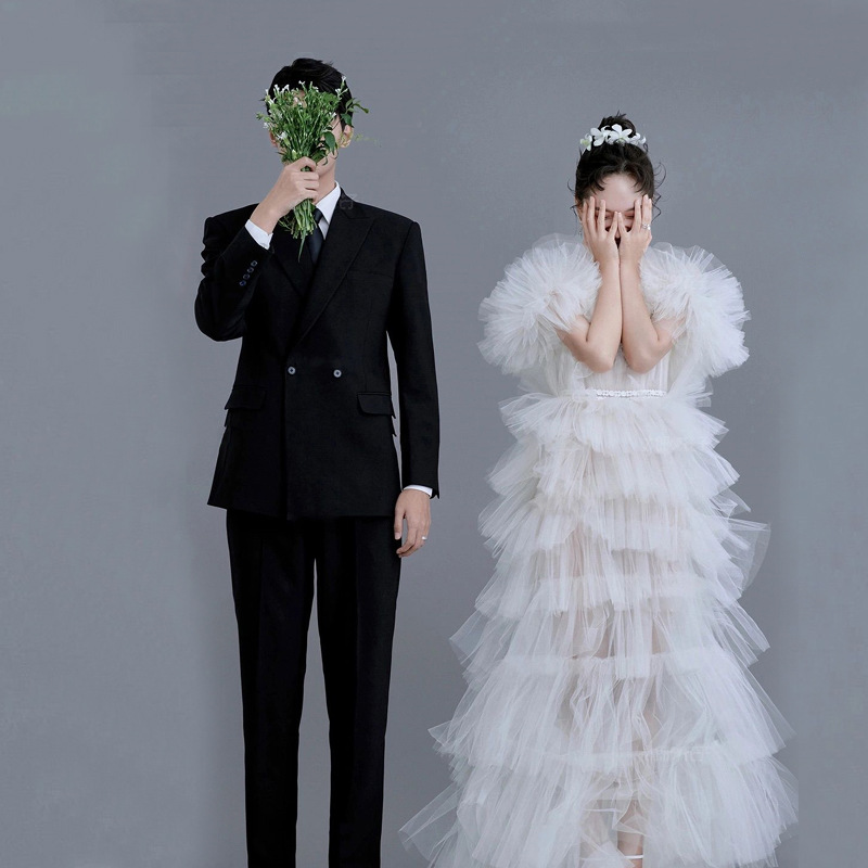 影楼主题服装韩式西装婚纱摄影唯美小清新蛋糕裙白纱情侣写真礼服