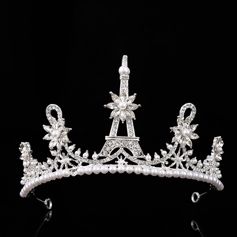欧美时尚巴洛克女王头饰埃菲尔铁塔皇冠珍珠水钻婚纱头饰皇冠