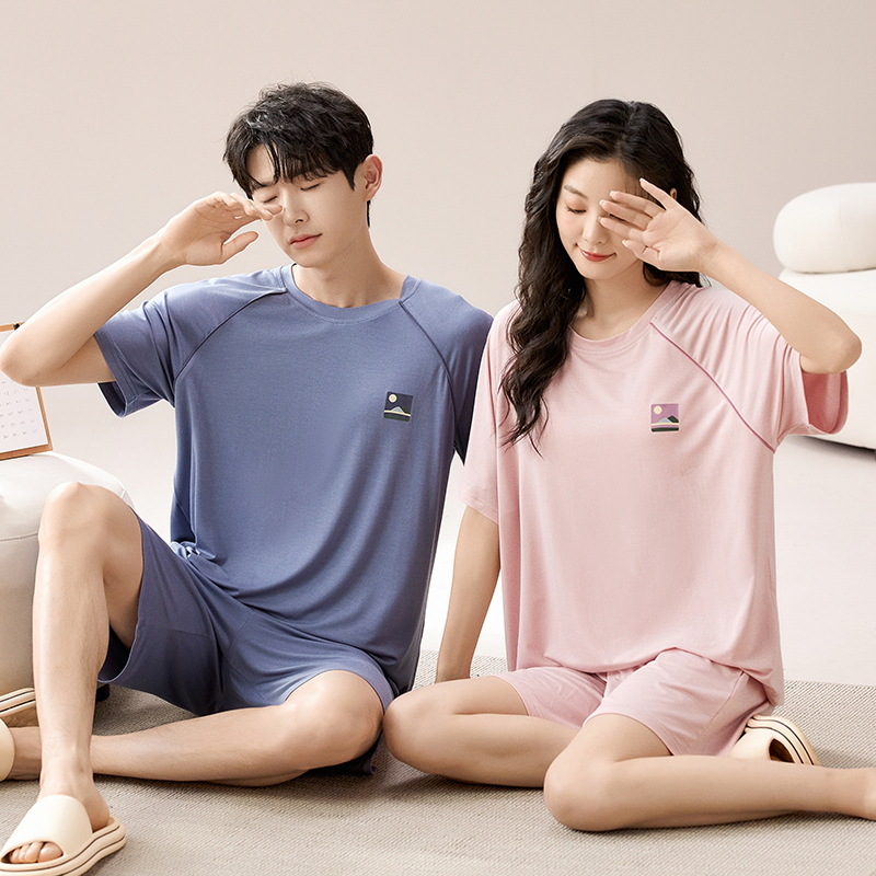 with Chest Pad 2024 Summer Pajamas Couple Modal Short-Sleeved Two-Piece Set Spring and Summer Solid Color Men's Soft Homewear