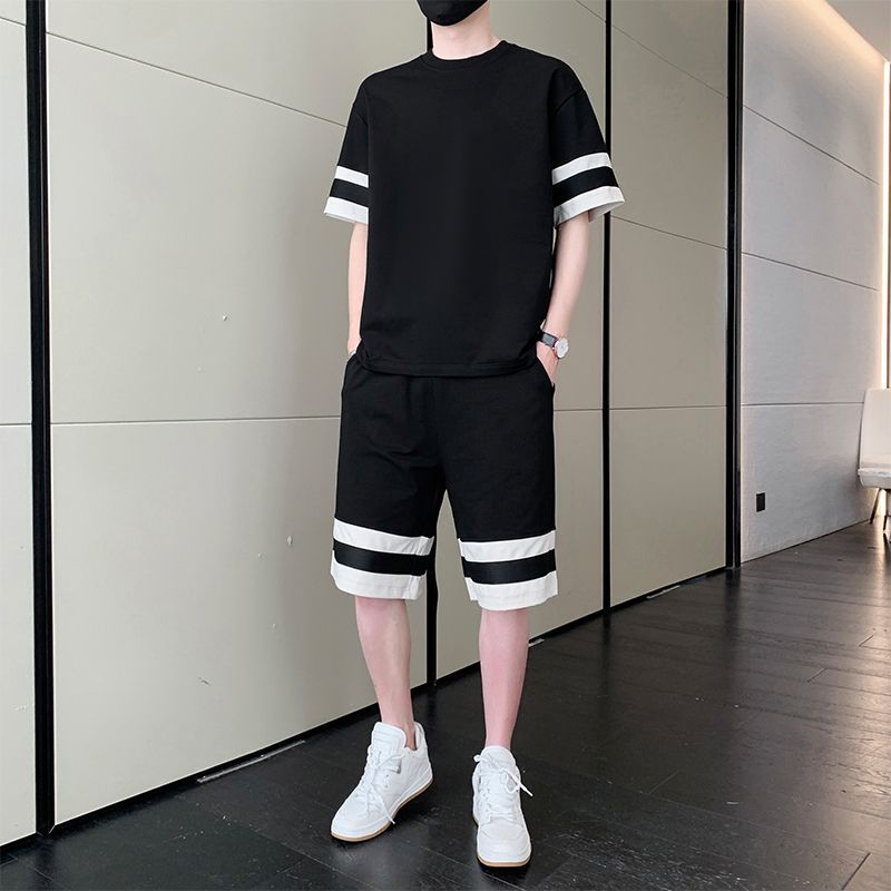 山力达迪夏季休闲套装男装潮牌设计感潮流搭配帅气短袖短裤一套运