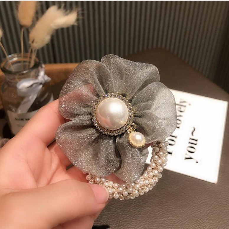 Tiktok Hot Sale South Korea Dongdaemun Net Yarn Flowers Hair Rope Sweet Summer Delicate Pearl Flowers Hair Band for Bun Haircut