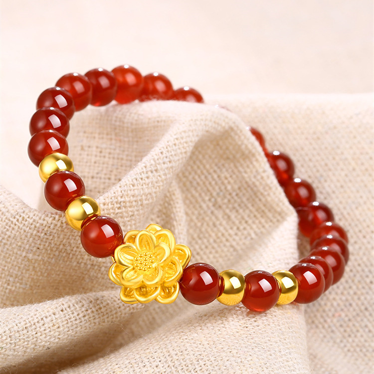 黄金手链女款 莲花3d硬金转运珠999足金手镯红玛瑙手串纯金路路通