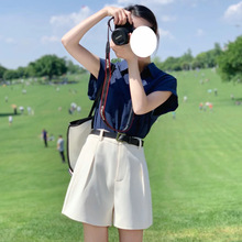 短裤套装夏季新款气质显瘦短袖衬衫上衣+高腰休闲阔腿裤两件套装