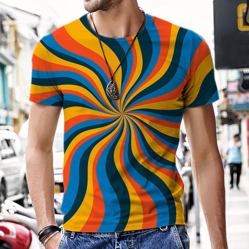 亚马逊热卖创意旋转绘画3d印花t恤炫彩视觉花纹短袖宽松男衣服
