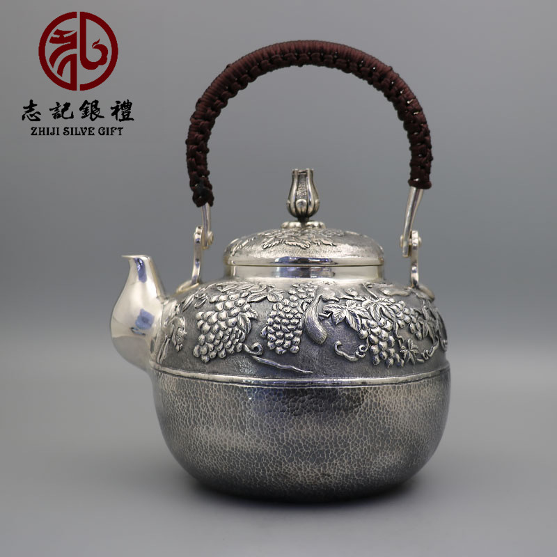 纯银提梁壶纯手工精品松鼠摘葡萄-阿里巴巴