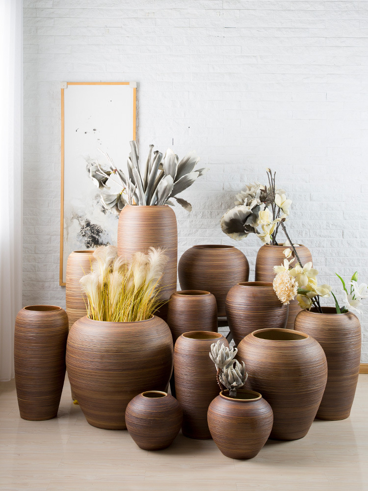 复古陶罐落地大花瓶户外摆件中式客厅酒店装饰品插花干花粗陶瓷瓶