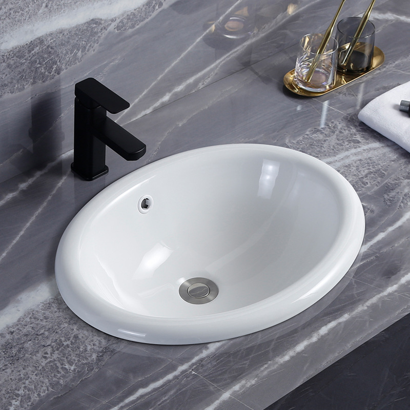 恒勒台盆洗脸盆卫生间半嵌入式面盆家用洗手间洗漱盆陶瓷圆形台盆