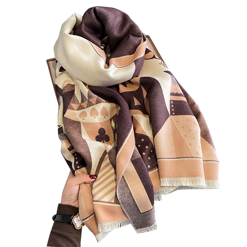 2023 Autumn and Winter New Artificial Cashmere Scarf Female Cartoon Poker Pattern Warm All-Matching Long Shawl