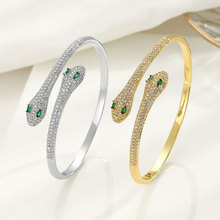 欧美轻奢绿眼双蛇形镶锆石设计个性冷淡设计开口手镯手环饰品货源