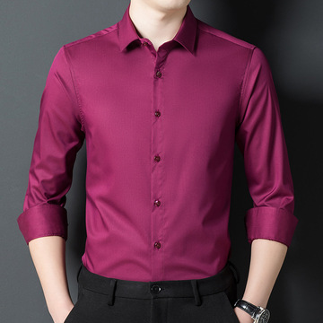 竹纤维衬衫男士商务正装酒红色纯色结婚爸爸衬衣中年打底高档工装