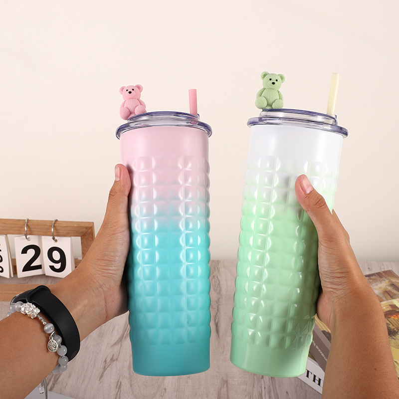 Cross-Border Gradient Color Stainless Steel Thermos Cup Durian Cup Cartoon Children's Straw Cup Transparency Cover Coffee Cup Tumbler