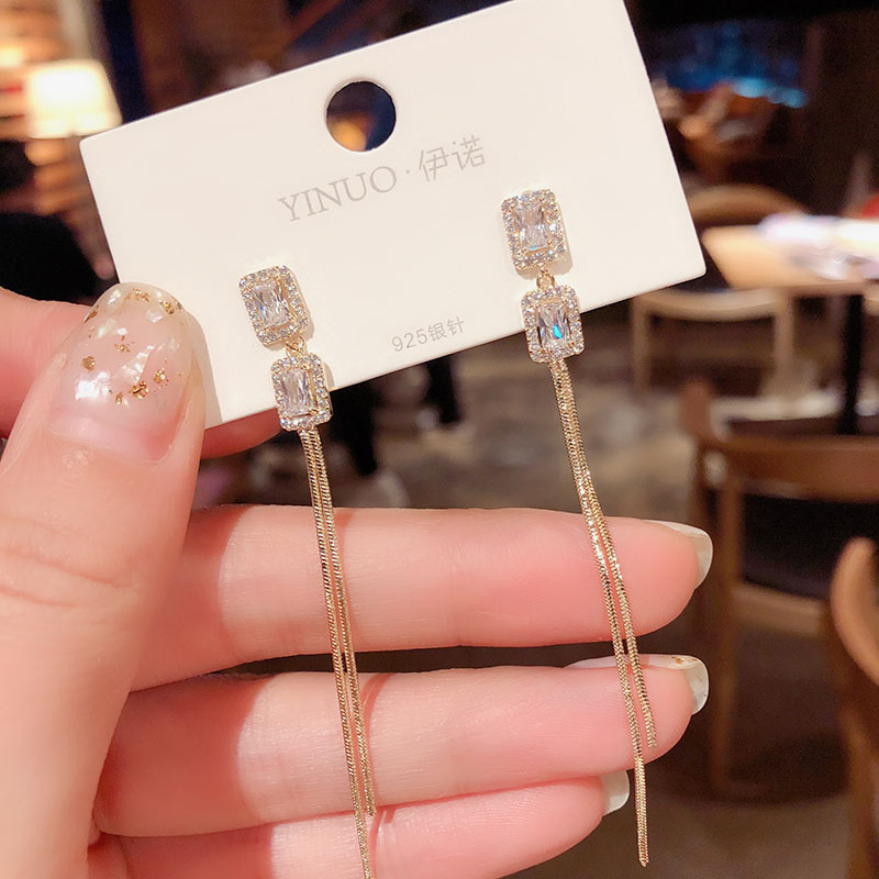 s925银针韩国东大门锆石流苏耳环2021新款潮气质简约耳坠饰品女