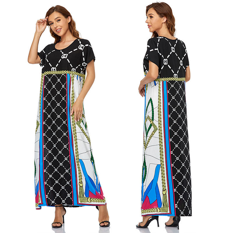 Muslim Women's Wear Dress Islamic Short Sleeve Maxi Dress Dubai plus Size Loose Big Hem Robe Cross-Border Women's Clothing