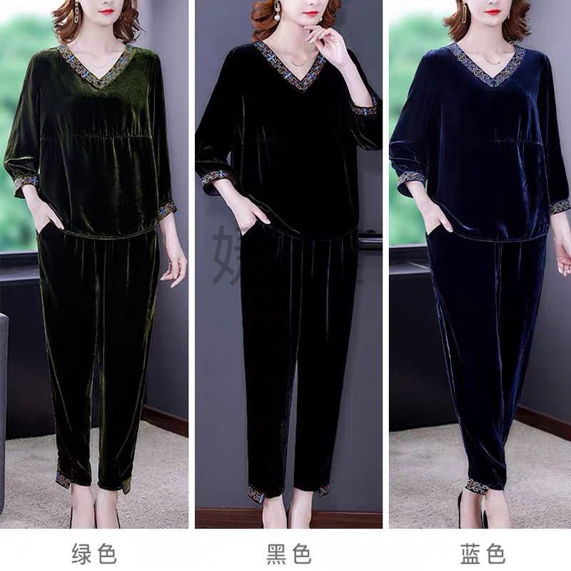 j昅4大码真丝金丝绒套装女2022年春秋新款妈妈绣花两件套-阿里巴巴