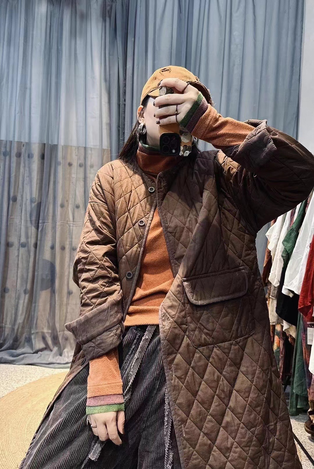 2023冬季上新夹棉加厚绗线菱格中长款棉衣女大码宽松保暖棉服外套
