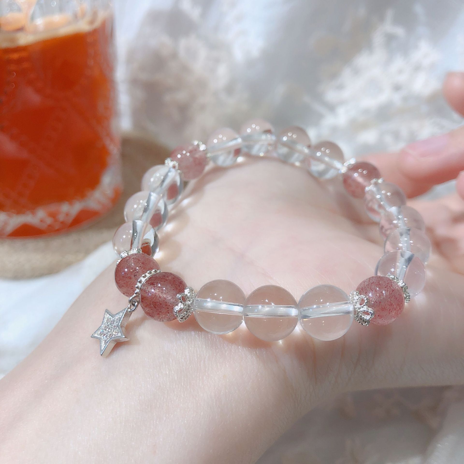 雏灵白水晶草莓晶时尚搭配s925银女款手链 自然批发诚招代理