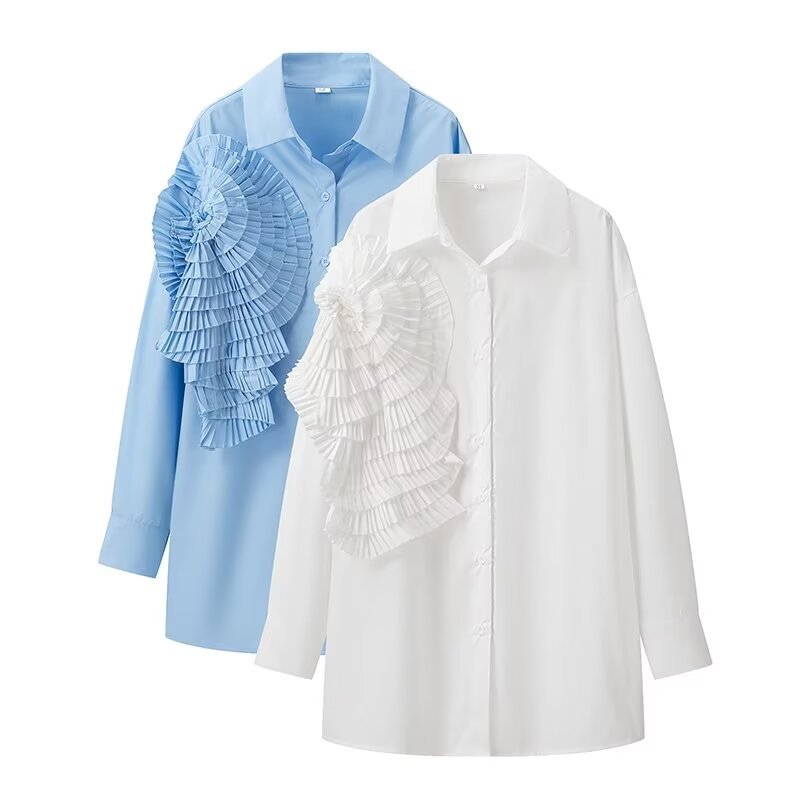 跨境欧美风春夏女装新款翻领纯色立体花朵装饰宽松长袖衬衫z1831