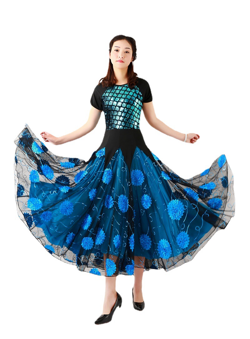新款摩登舞连衣裙交谊舞大摆裙华尔兹表演演出服双人舞裙
