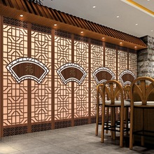 中国风饭店墙纸新中式木纹格栅屏风酒楼餐馆餐饮文化背景墙壁纸