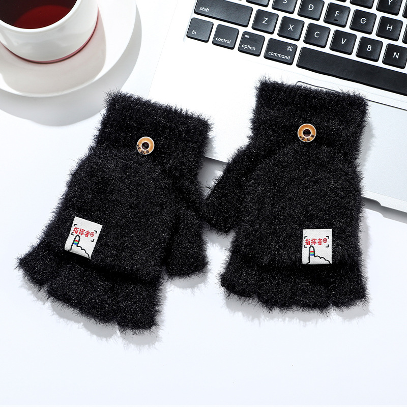 Plush Autumn and Winter Half Finger Flip Men and Women Warm Thickened Bag Student Writing Knitted Knitting Wool Gloves Wholesale