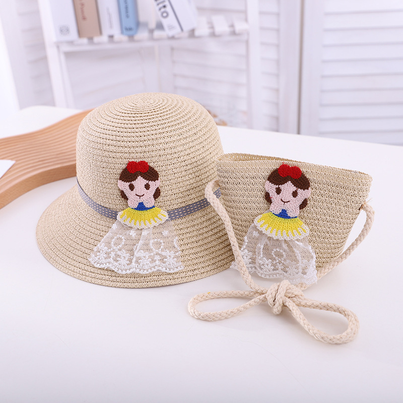 New Children's Cartoon Sun Hat Spring and Summer Fashion Fresh Crossbody Bag Hat Baby Travel Sun-Proof Straw Hat