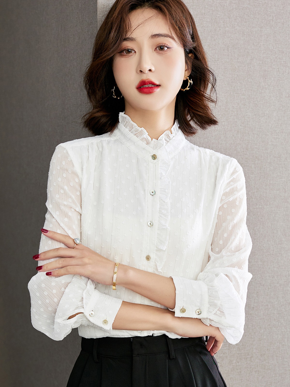 木耳边雪纺衬衫女