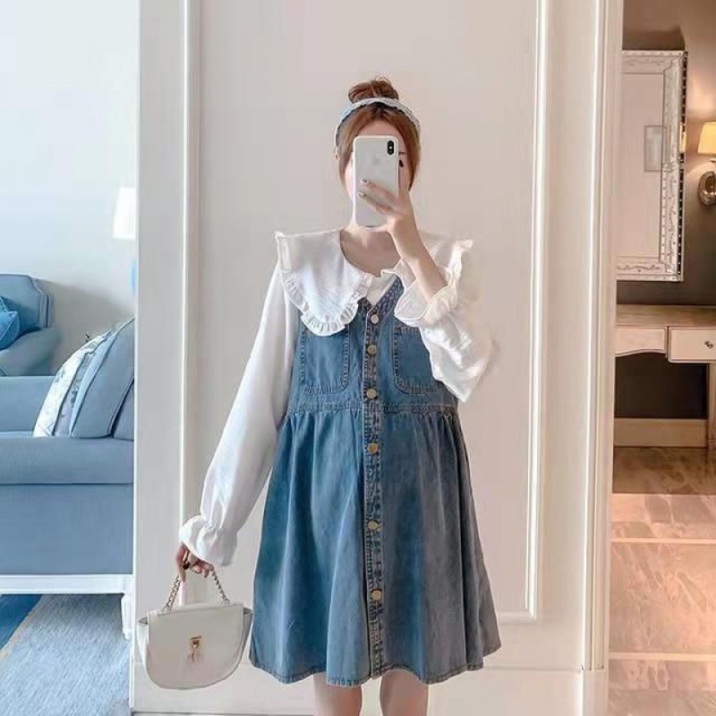 Pregnant Women's Denim Skirt Suit Spring and Autumn New Dress Plump Girls Suspender Skirt Slimming Doll Collar Shirt Fashionable Mom