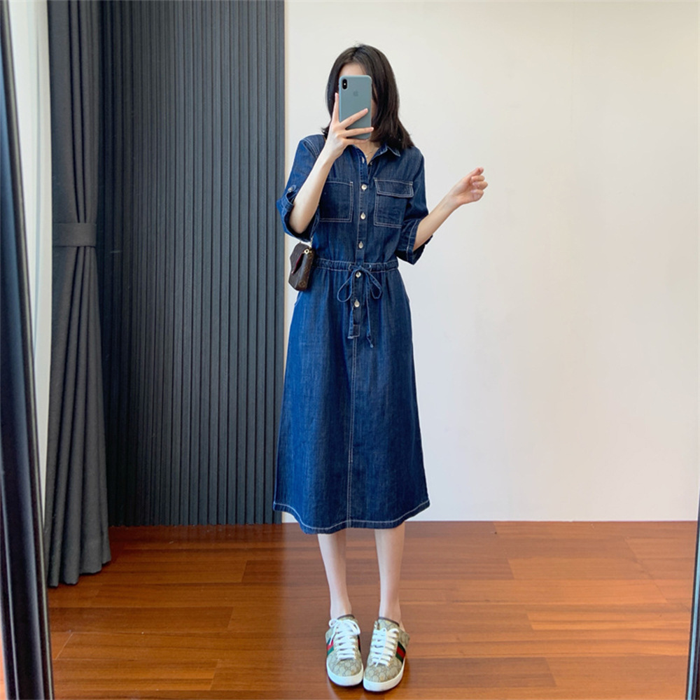 小翻领设计抽绳收腰清舒适牛仔棉中长款连衣裙女