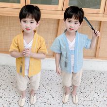 童装汉服儿童短袖棉麻套装夏季男童复古中国风棉麻套装学校表演服