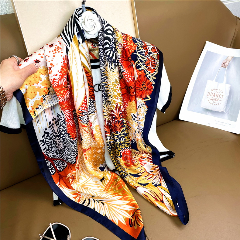 2022 New Korean Style Floral Scarf Travel Sun Protection Printed 90 Square Scarf Imitated Silk Scarves Women's Beach Towel Wholesale