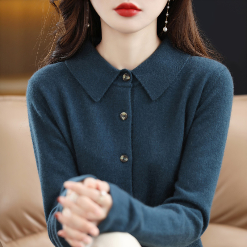 Autumn and Winter Polo Collar Pure Wool Sweater Women's Coat Younger Peter Pan Collar Cashmere Coat Women's Loose Lapels Knitted Cardigan
