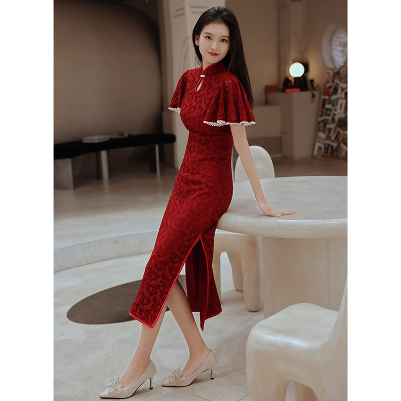 旗袍敬酒服新娘夏季酒红色结婚订婚回门礼服连衣裙感平时可穿