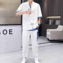 夏季冰丝短袖T恤男薄款宽松中国风棉麻休闲一套装搭配帅气两件套