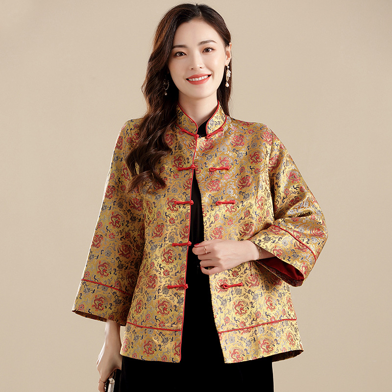 宋锦盘龙复古外套女秋九分袖立领宽松唐装女春季国风高端女装
