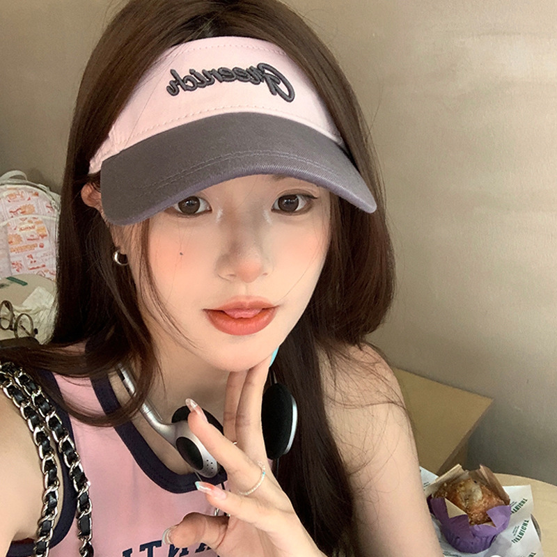 防晒帽子女新款夏遮脸字母拼色防紫外线太阳帽跑步运动鸭舌空顶帽
